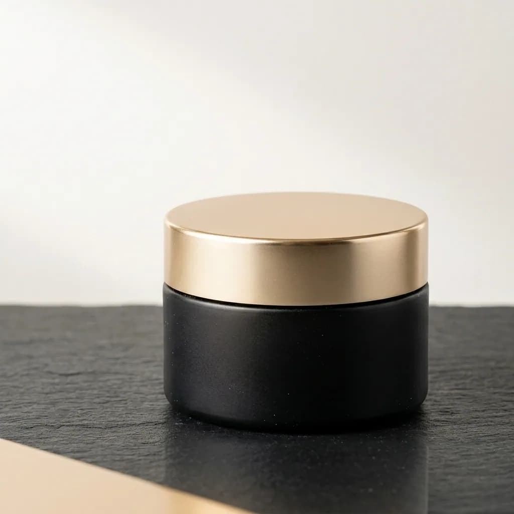 A cool grey product frame regraded to a saved near-black, off-white and champagne-gold palette — after enhancement