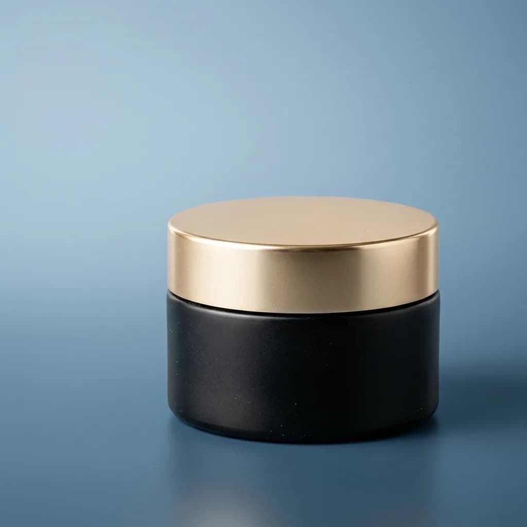 A cool grey product frame regraded to a saved near-black, off-white and champagne-gold palette