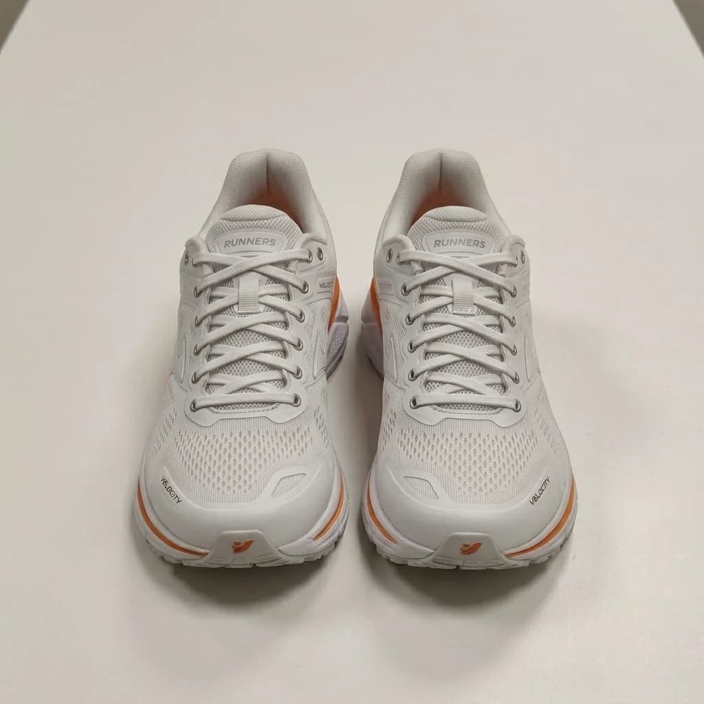 A flat phone snapshot of sneakers replaced by a lit studio backdrop — before enhancement