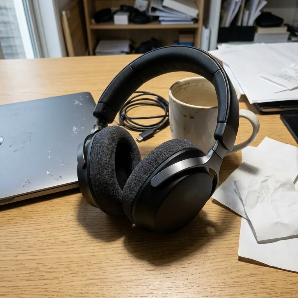 Unretouched phone photo of black over-ear headphones on a cluttered wooden desk