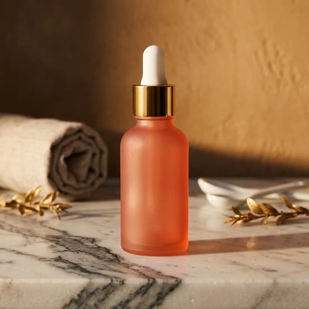 A plain coral glass dropper bottle packshot becoming a marble countertop scene in warm sunset light — after enhancement