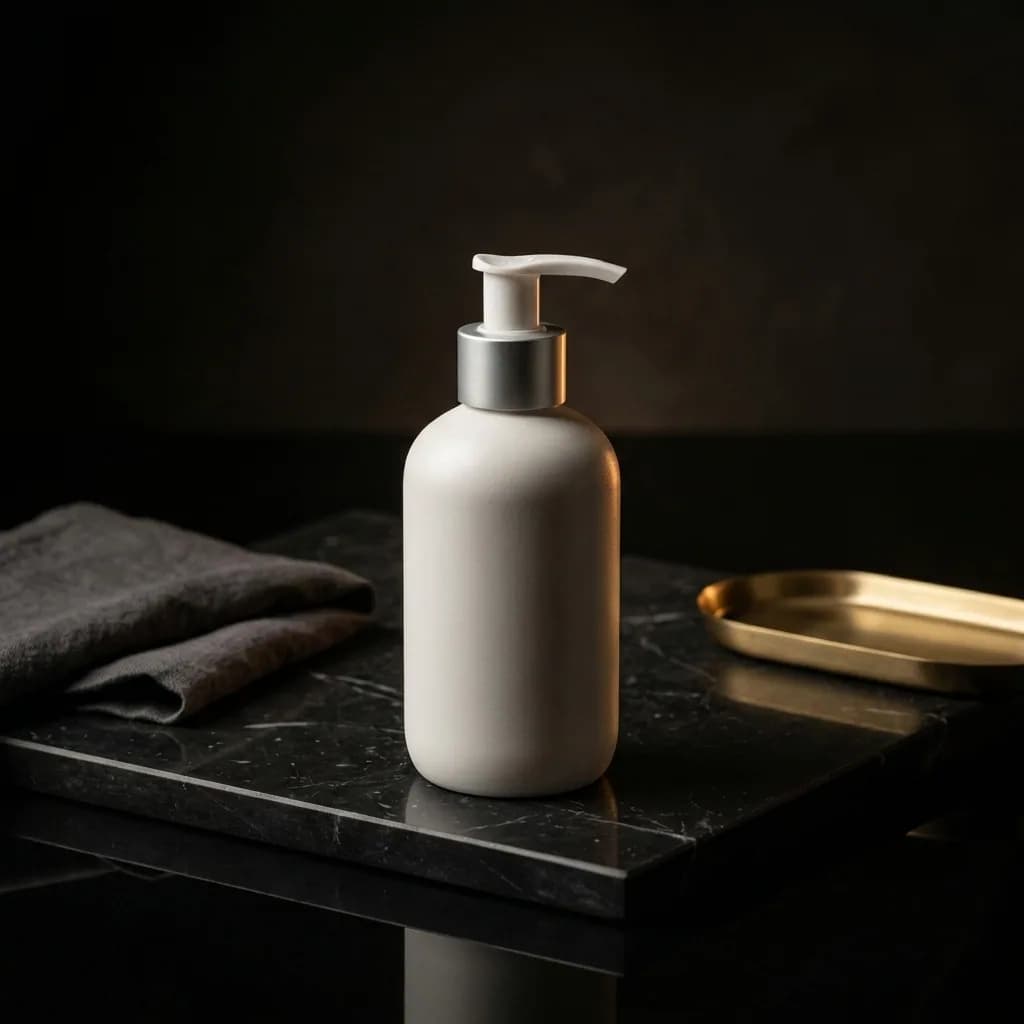 A flat ceramic pump bottle packshot regraded to match the mood of a saved reference frame — after enhancement