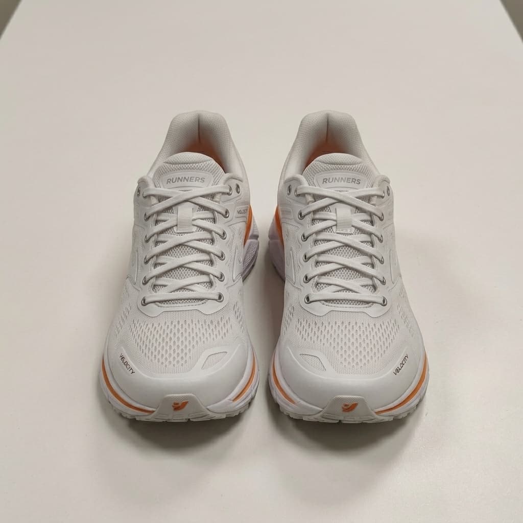 A phone snapshot of sneakers on a kitchen floor